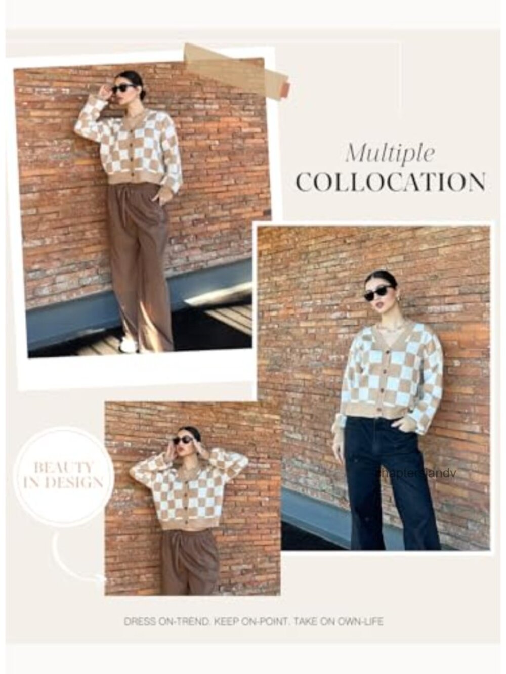 Dokotoo V Neck Button Down Cable Knit Plaid Cropped Cardigan Sweater - Picture 4 of 6